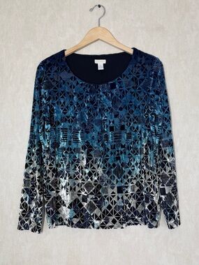 Chico’s Women’s Scarlett Ombre Blue Burnout Velvet Shirred Top Longsleeve 1/US 8